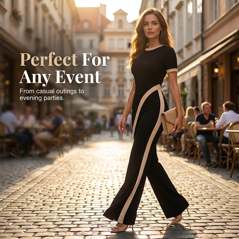 Torina - Ensemble femme asymétrique avec pantalon évasé contrasté