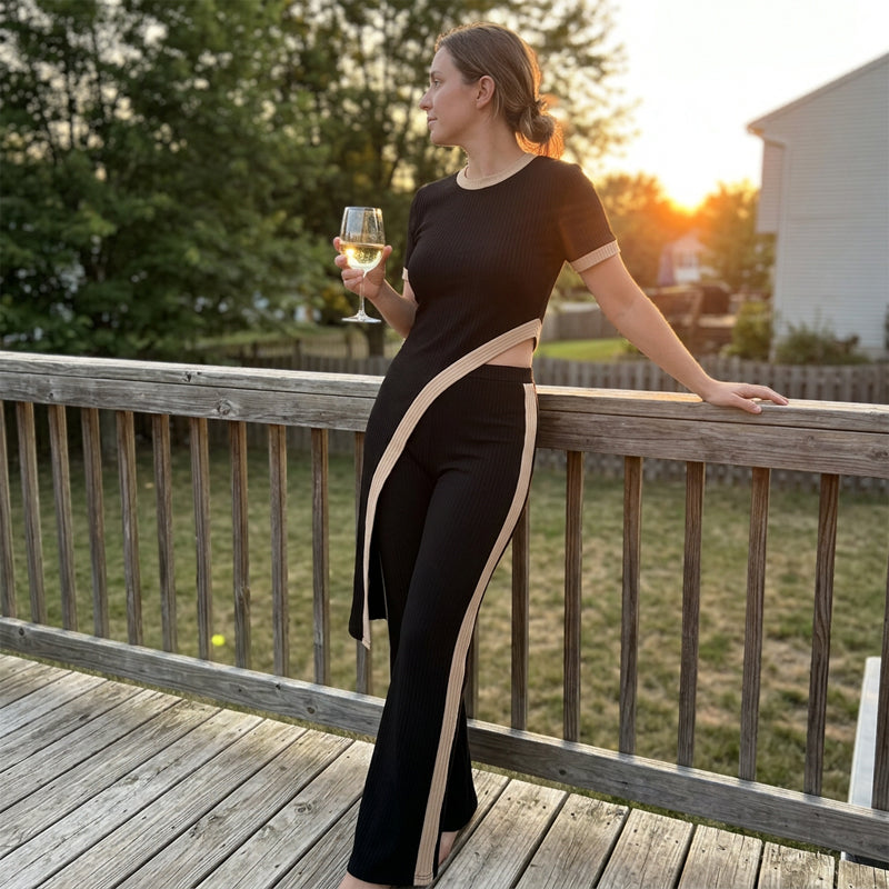 Torina - Ensemble femme asymétrique avec pantalon évasé contrasté