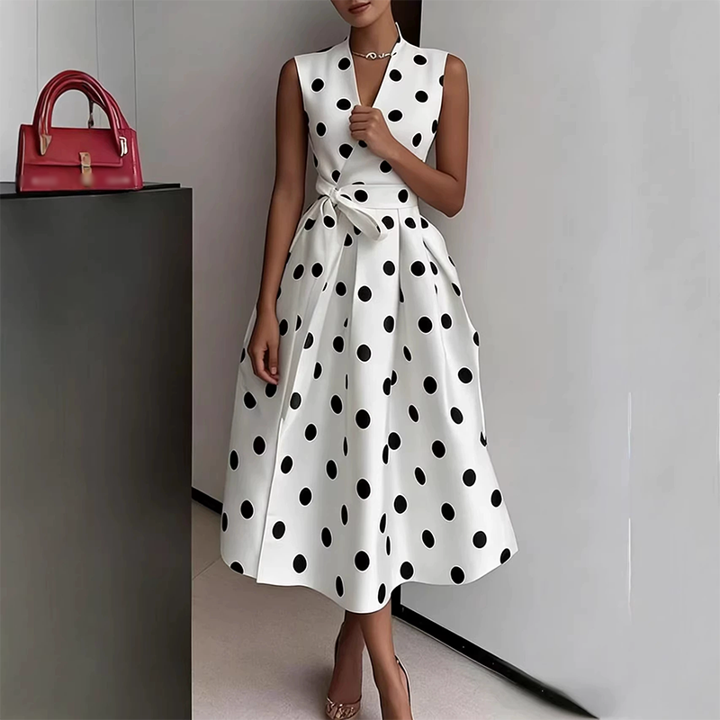 Briselle - Robe femme sans manches à pois avec col V et ceinture