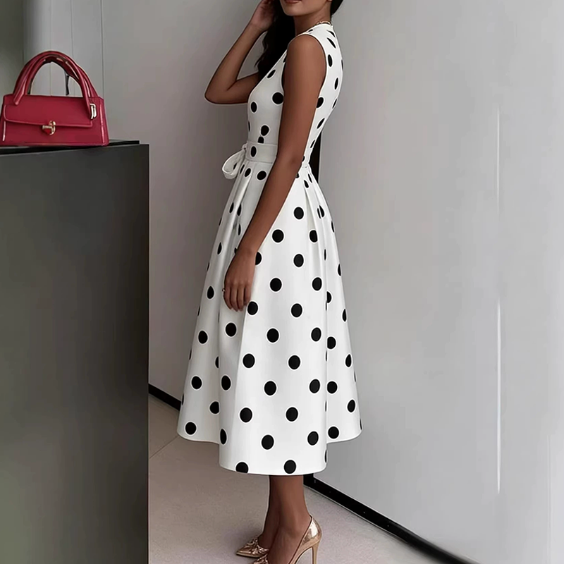 Briselle - Robe femme sans manches à pois avec col V et ceinture