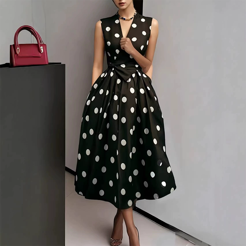 Briselle - Robe femme sans manches à pois avec col V et ceinture