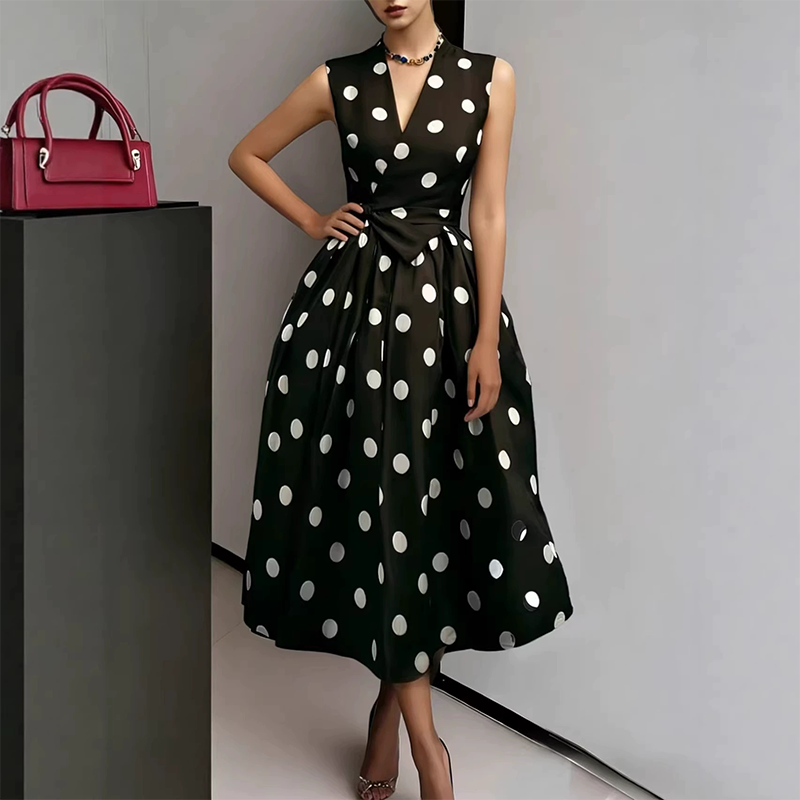 Briselle - Robe femme sans manches à pois avec col V et ceinture