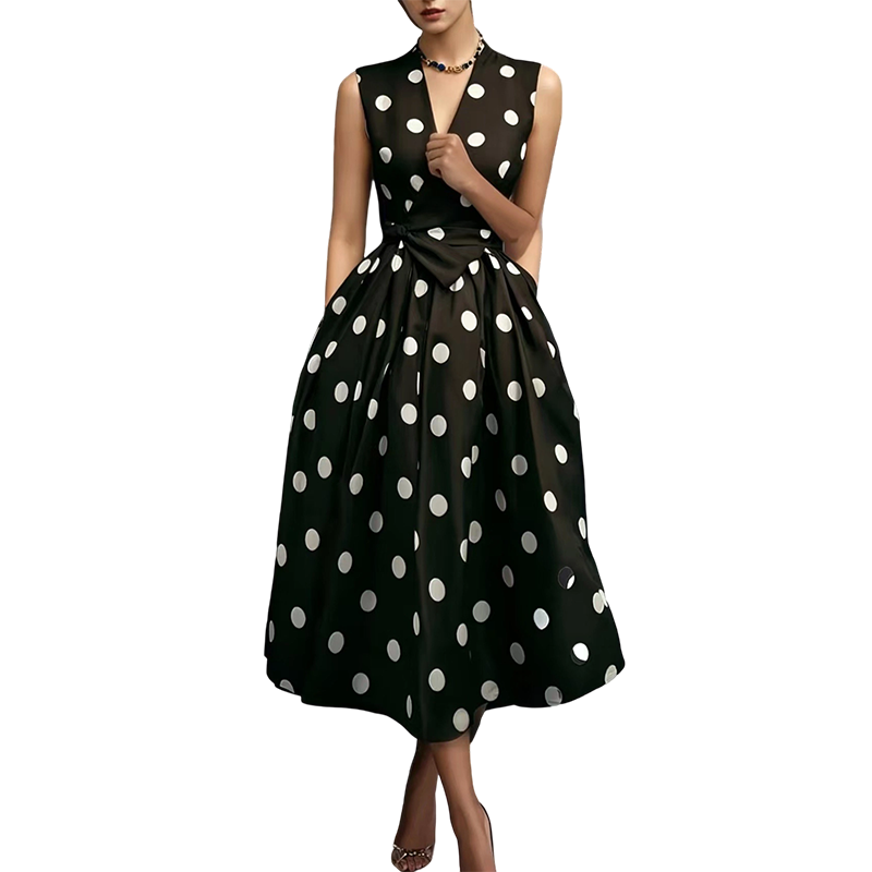 Briselle - Robe femme sans manches à pois avec col V et ceinture