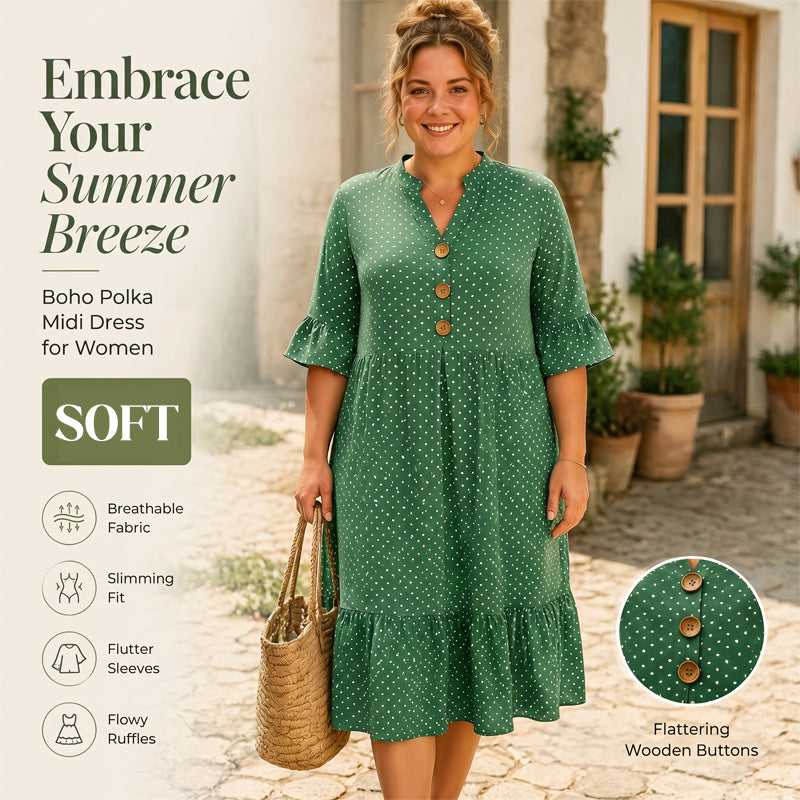 Ismere - Robe midi femme à pois avec manches volantées