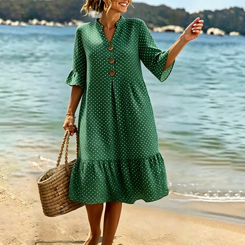 Ismere - Robe midi femme à pois avec manches volantées