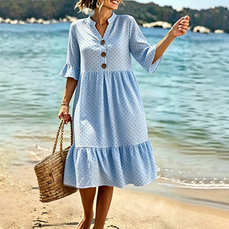 Ismere - Robe midi femme à pois avec manches volantées