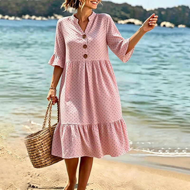 Ismere - Robe midi femme à pois avec manches volantées