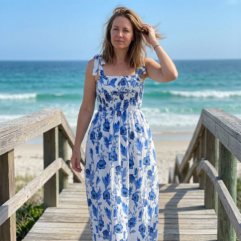 Florenne - Robe longue femme fleurie à smocks et bretelles nouées