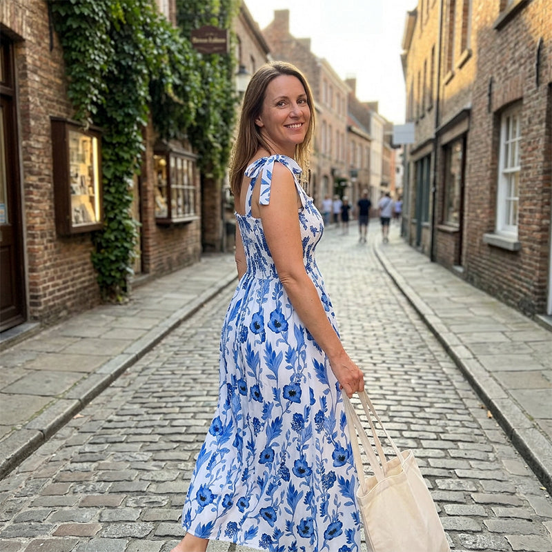 Florenne - Robe longue femme fleurie à smocks et bretelles nouées