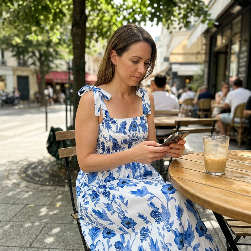 Florenne - Robe longue femme fleurie à smocks et bretelles nouées