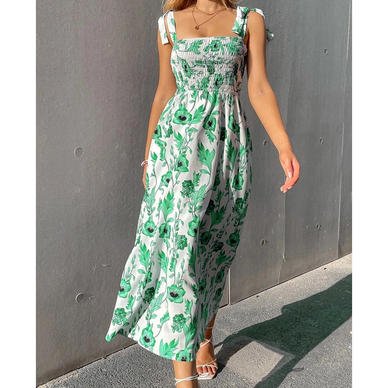 Florenne - Robe longue femme fleurie à smocks et bretelles nouées