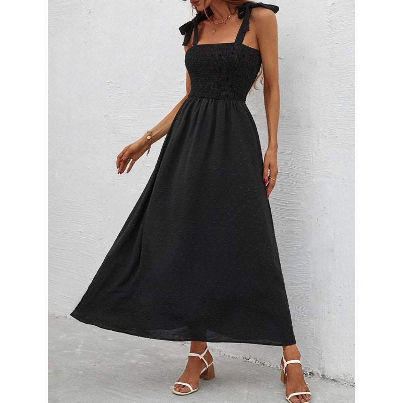Florenne - Robe longue femme fleurie à smocks et bretelles nouées