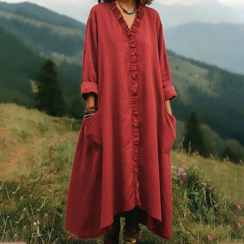 Fionelle - Robe longue femme fluide avec volants et col V