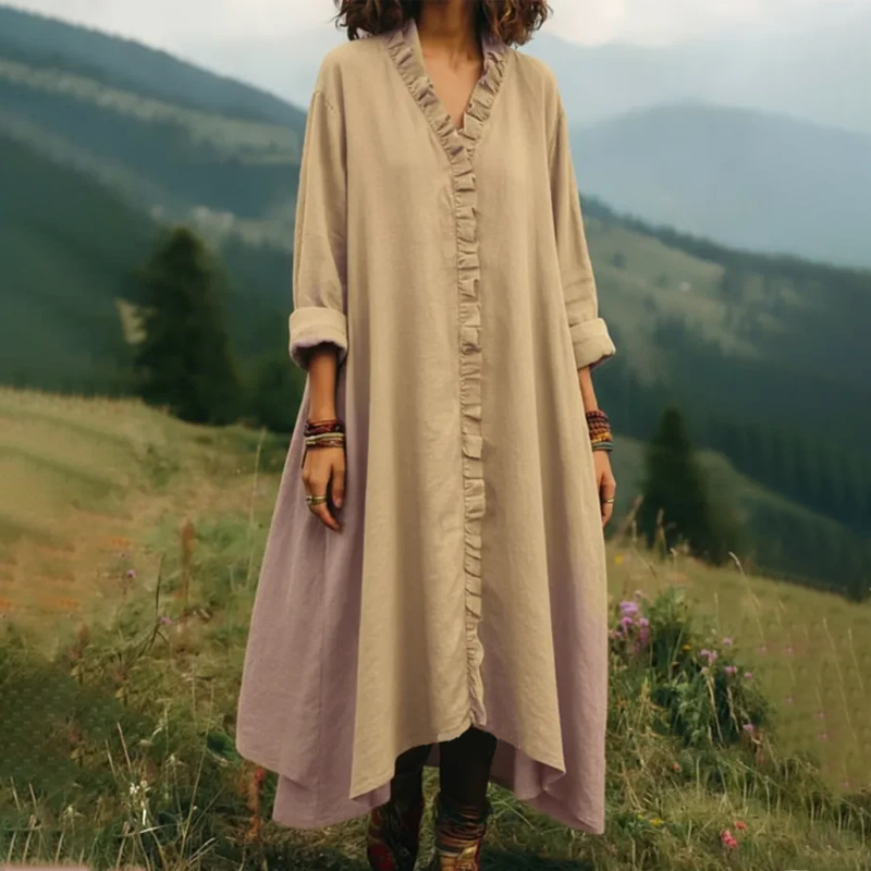 Fionelle - Robe longue femme fluide avec volants et col V