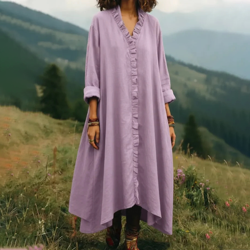 Fionelle - Robe longue femme fluide avec volants et col V