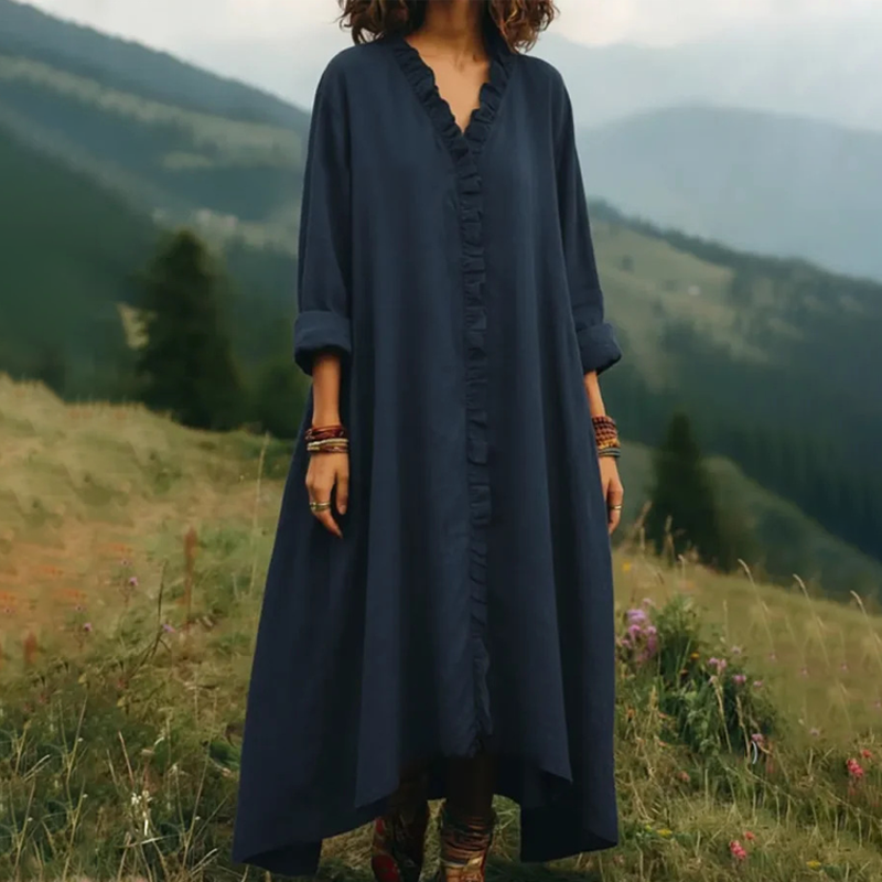 Fionelle - Robe longue femme fluide avec volants et col V