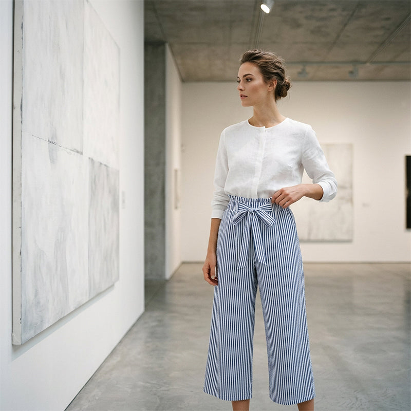 Sylena - Pantalon femme rayé taille haute à jambes larges
