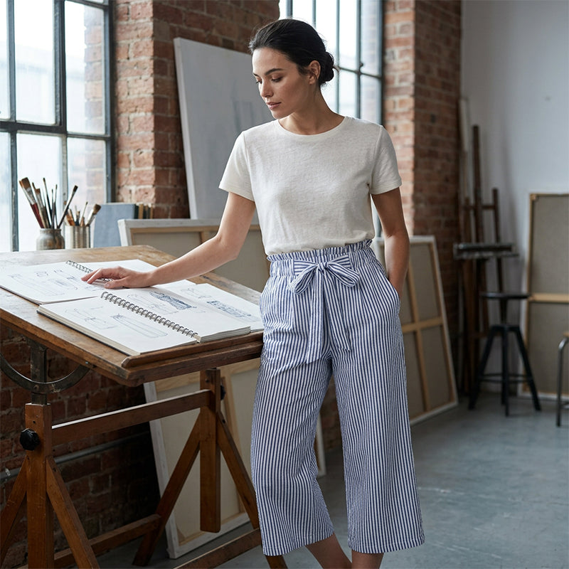 Sylena - Pantalon femme rayé taille haute à jambes larges