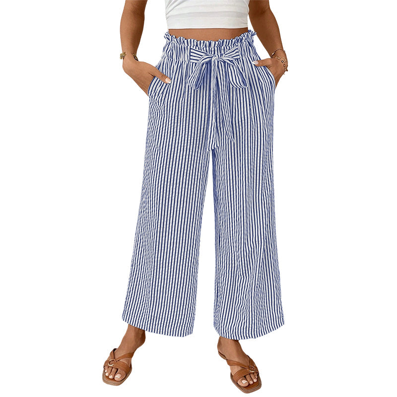 Sylena - Pantalon femme rayé taille haute à jambes larges