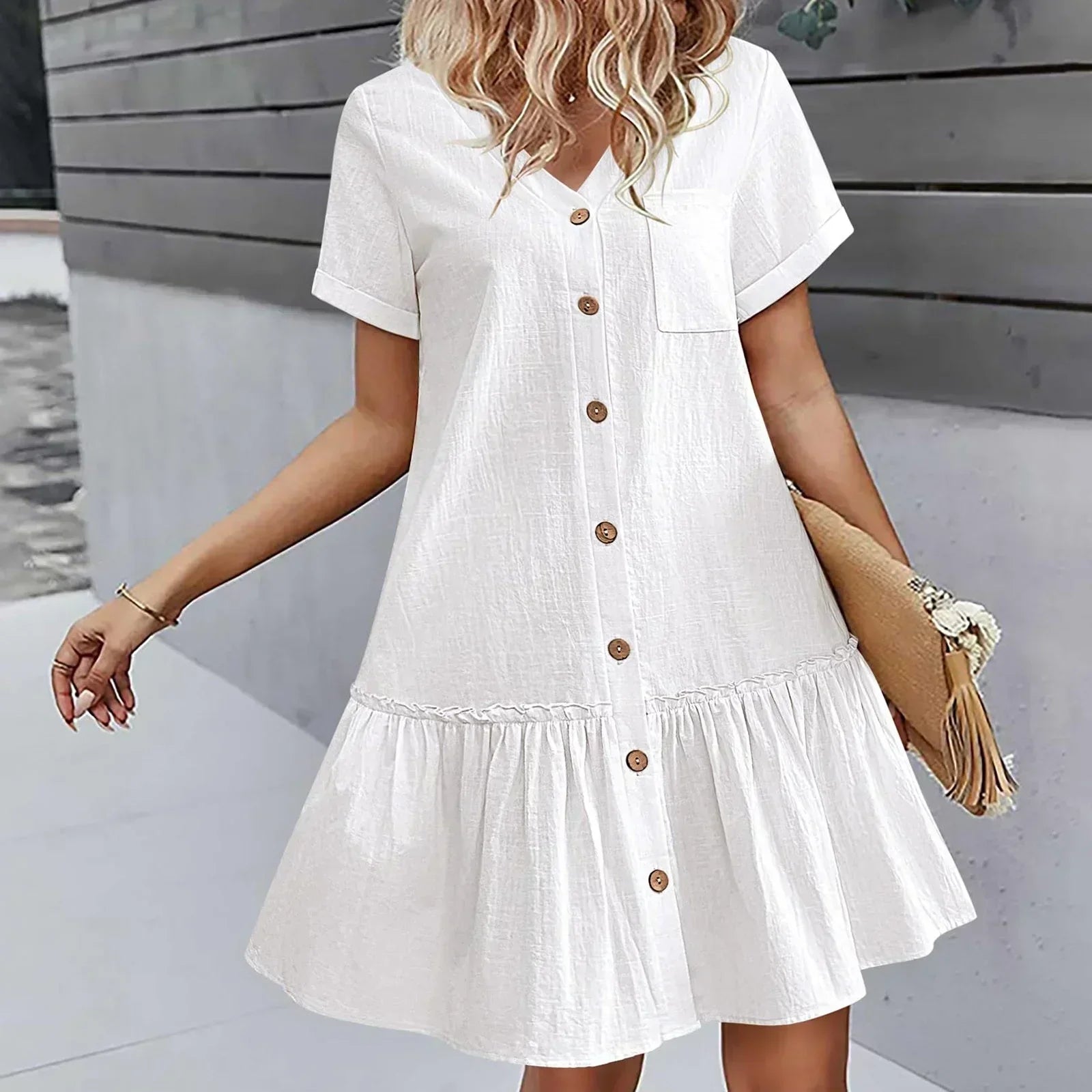 Mirellea - Robe courte femme en coton-lin avec boutons et volant