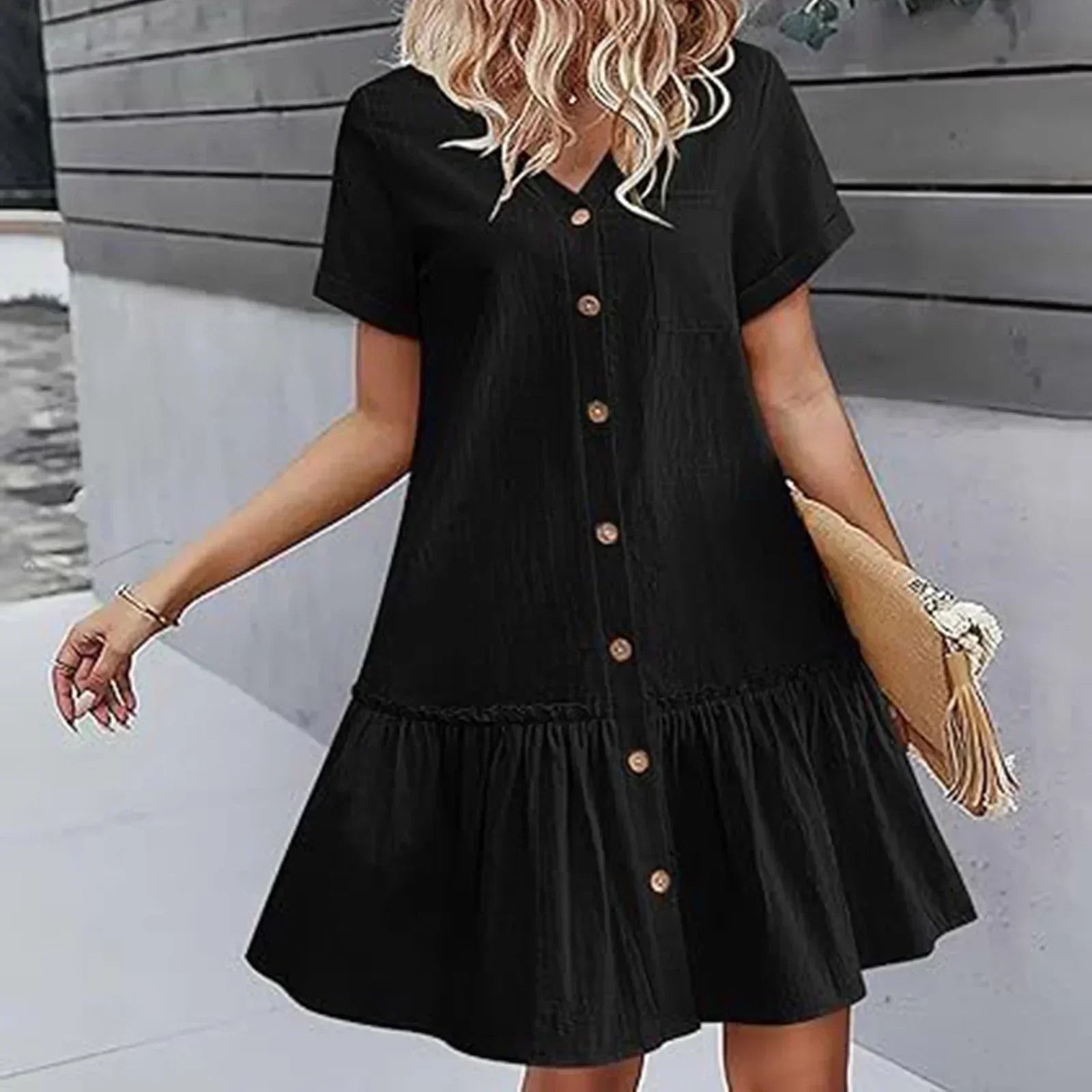 Mirellea - Robe courte femme en coton-lin avec boutons et volant