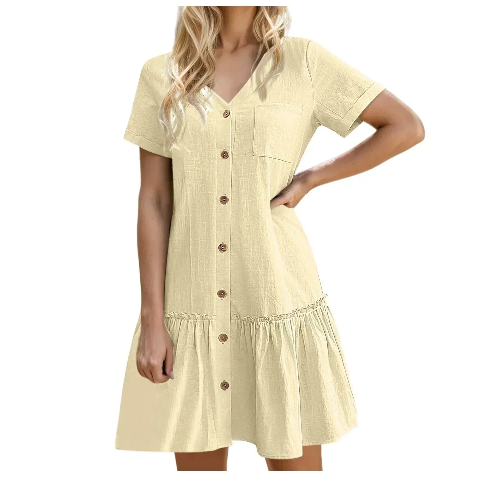Mirellea - Robe courte femme en coton-lin avec boutons et volant