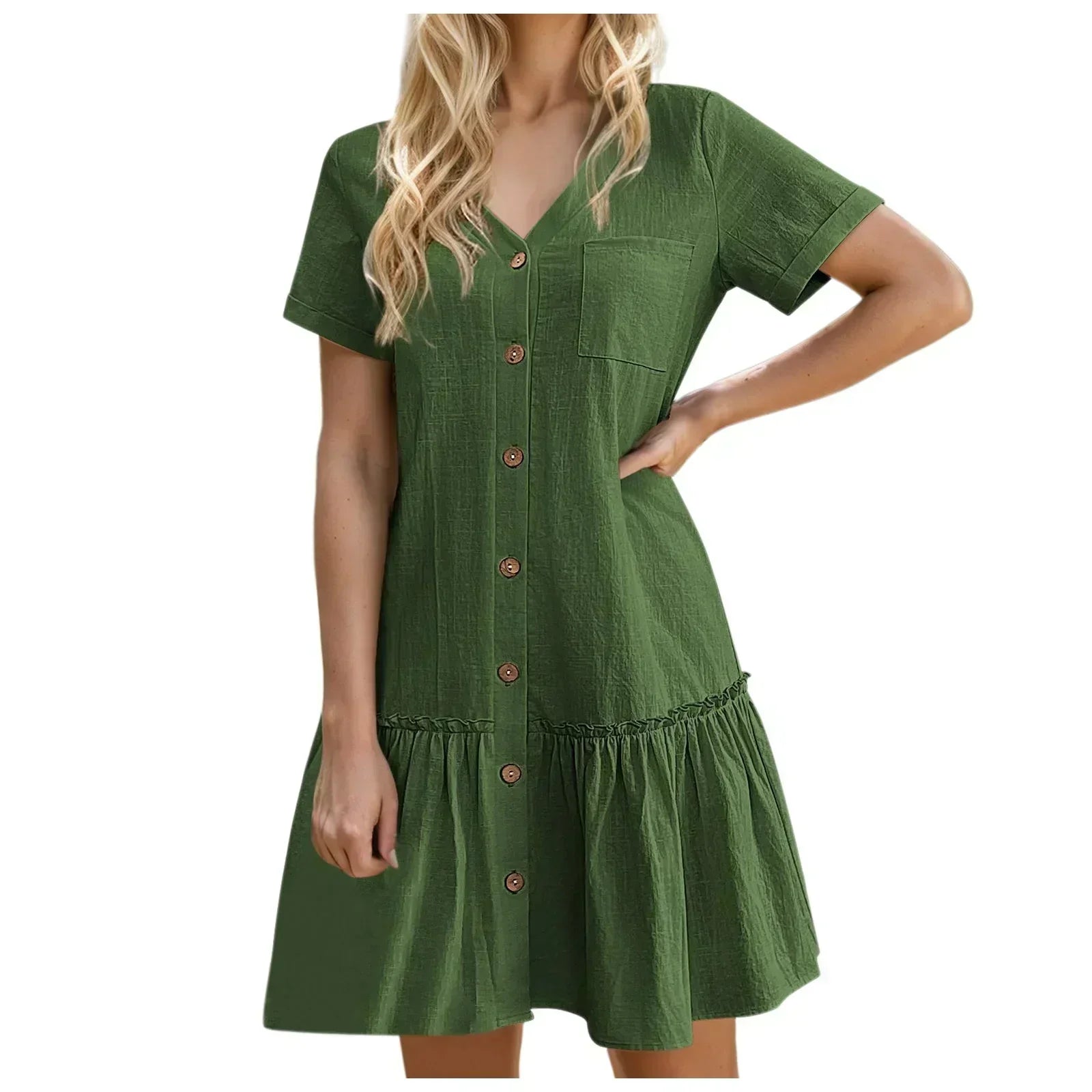 Mirellea - Robe courte femme en coton-lin avec boutons et volant