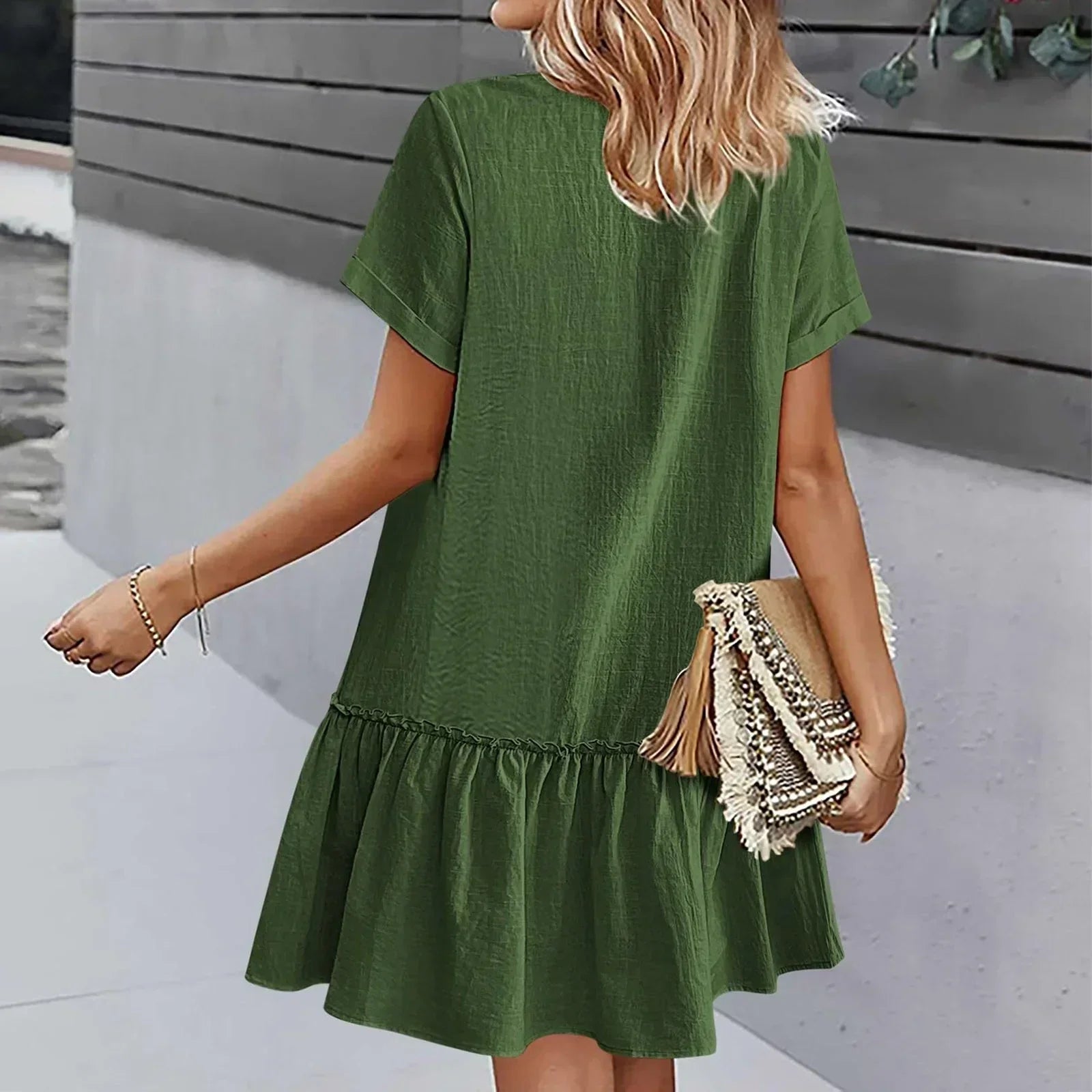 Mirellea - Robe courte femme en coton-lin avec boutons et volant