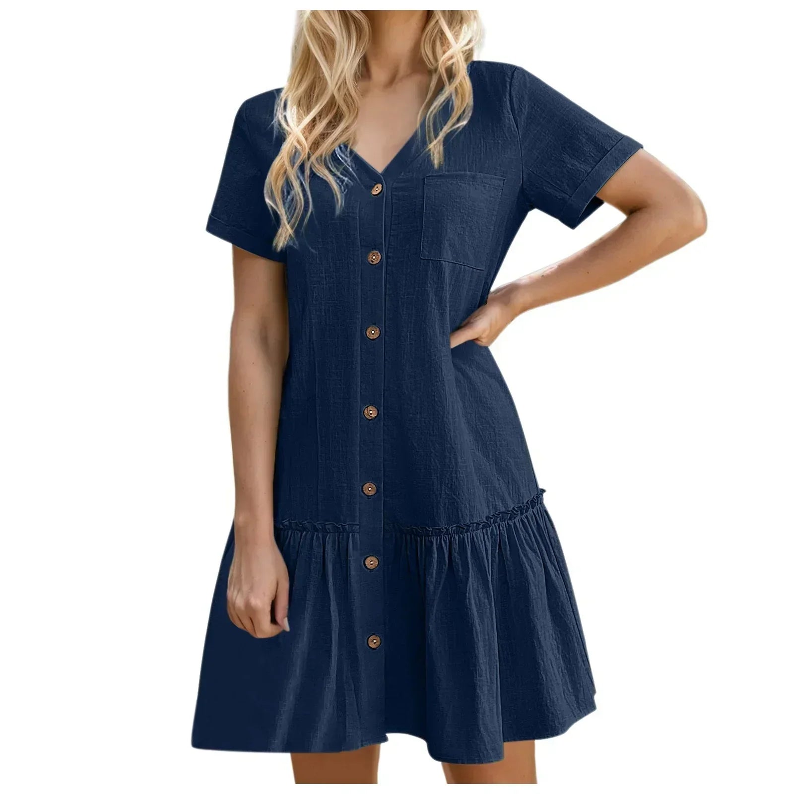 Mirellea - Robe courte femme en coton-lin avec boutons et volant