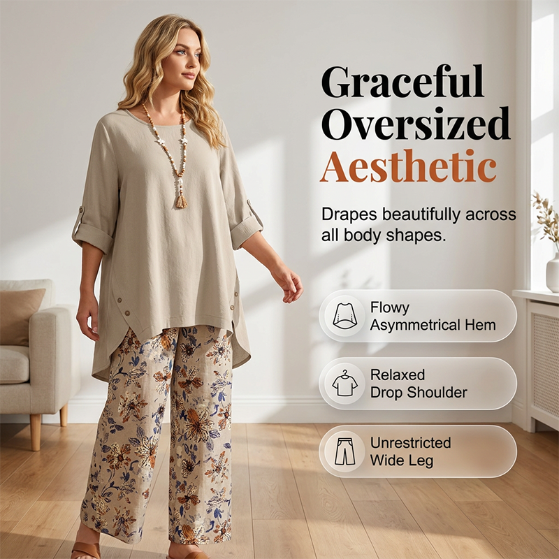 Lorenae - Ensemble femme coton-lin avec tunique et pantalon fleuri