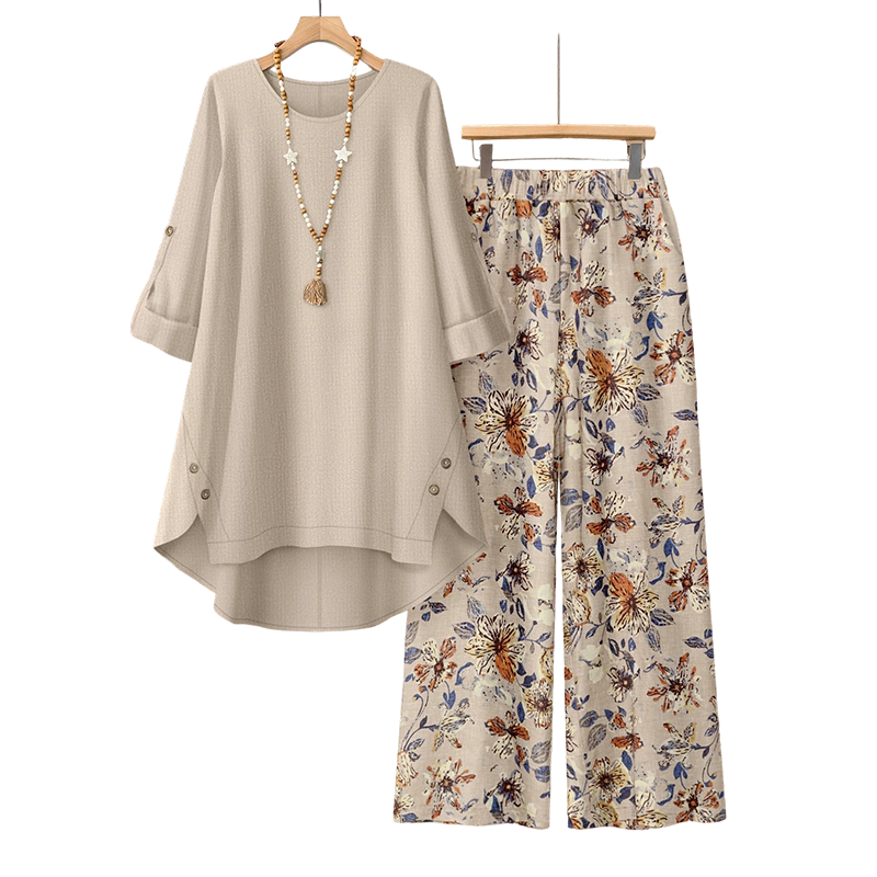 Lorenae - Ensemble femme coton-lin avec tunique et pantalon fleuri