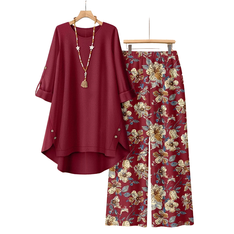Lorenae - Ensemble femme coton-lin avec tunique et pantalon fleuri