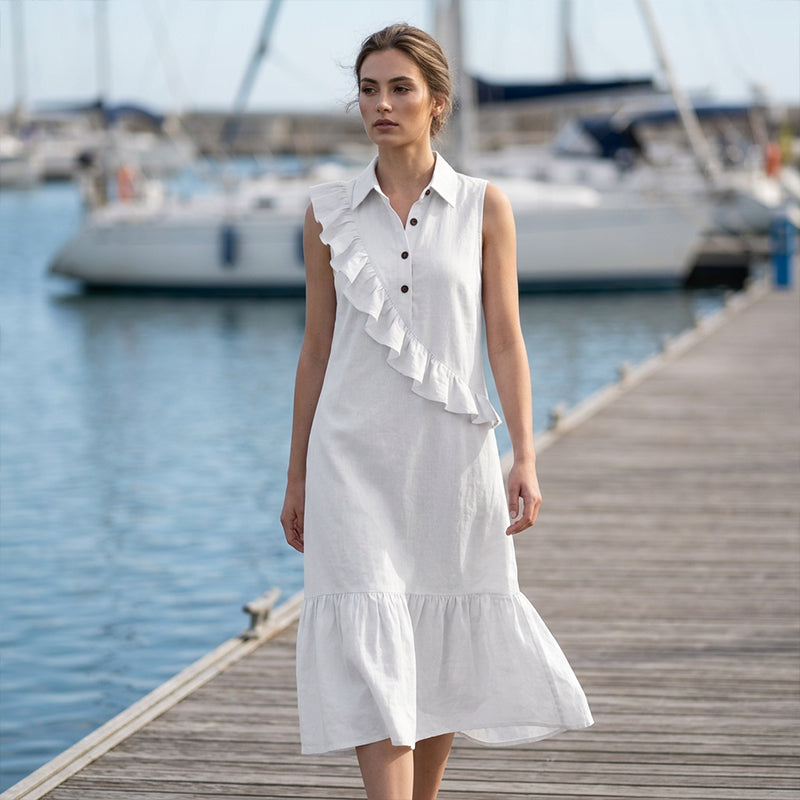 Velina - Robe longue femme sans manches avec volants devant
