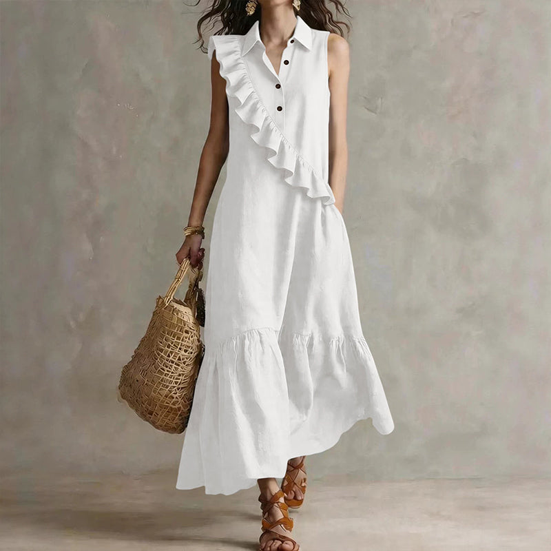 Velina - Robe longue femme sans manches avec volants devant