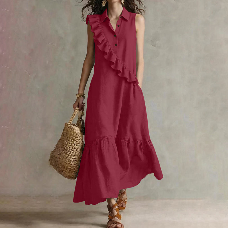 Velina - Robe longue femme sans manches avec volants devant