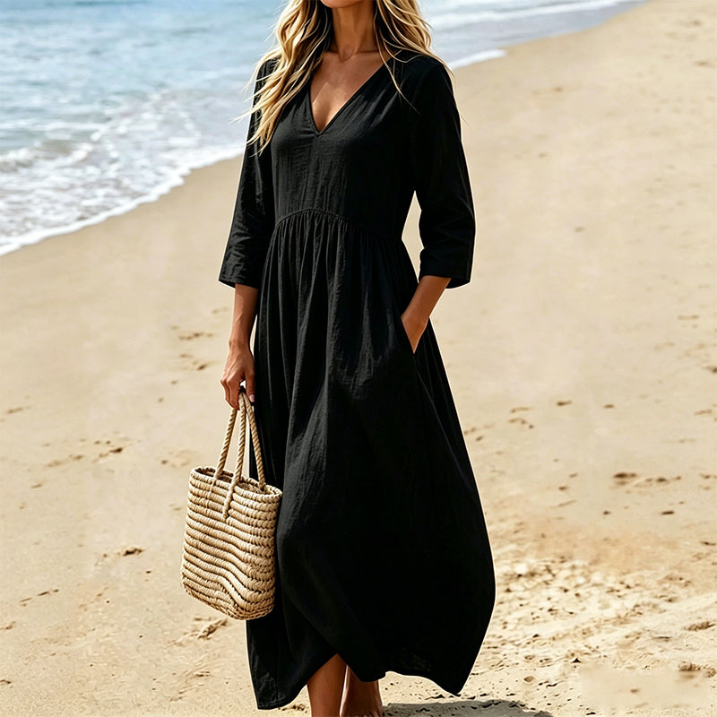 Jessora - Robe longue femme col V en tissu ice silk fluide