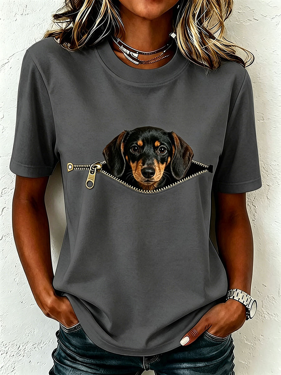 Aleid - T-shirt femme motif teckel avec effet poche zippée