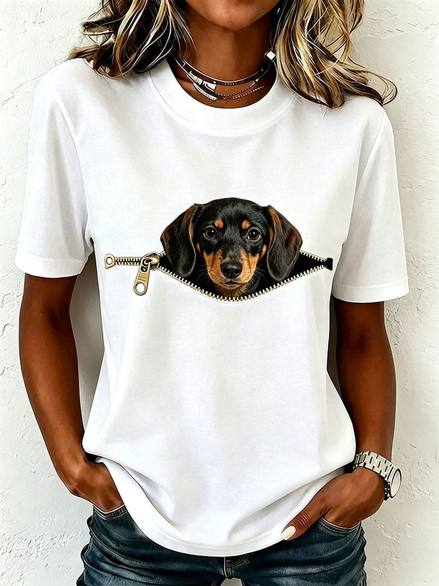 Aleid - T-shirt femme motif teckel avec effet poche zippée