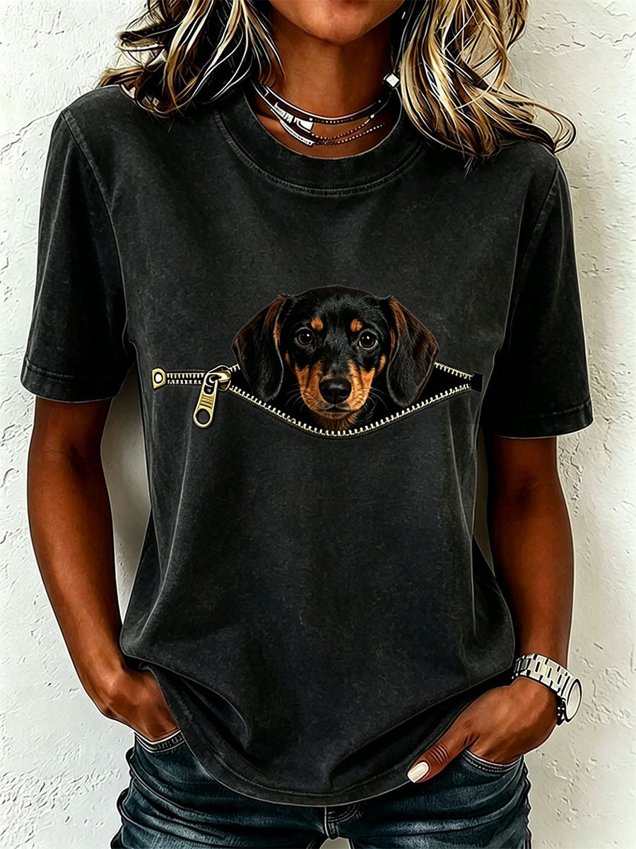 Aleid - T-shirt femme motif teckel avec effet poche zippée