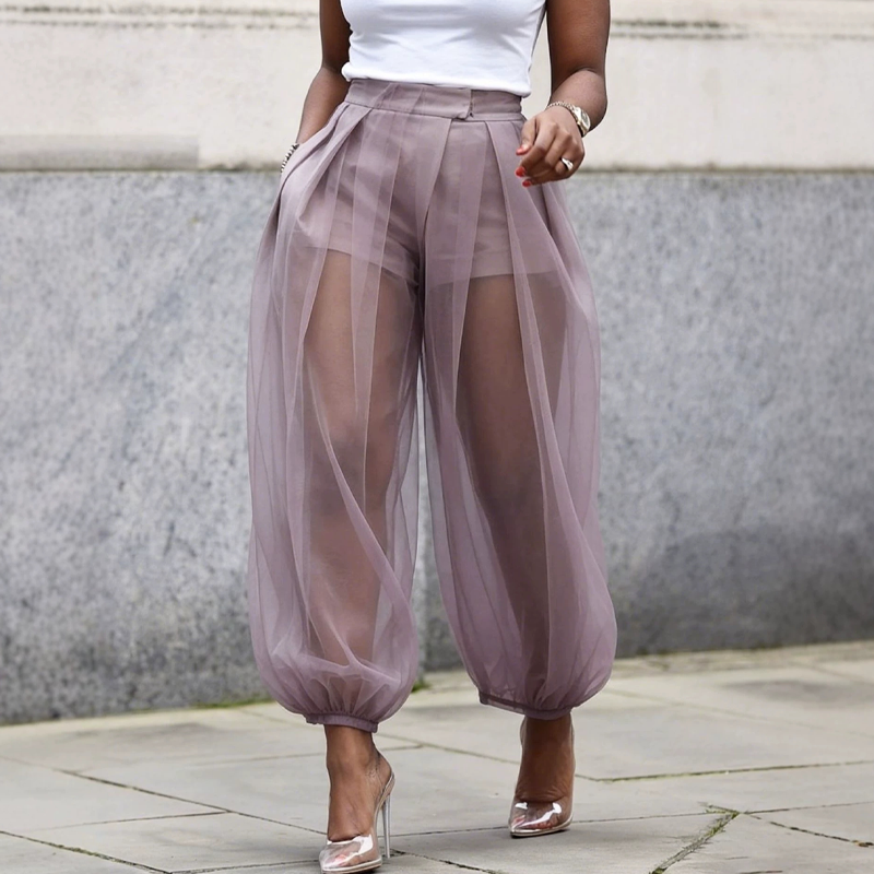 Perelle - Pantalon femme transparent en mesh avec short intégré
