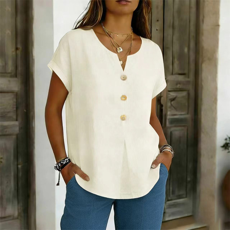 Iridelle - T-shirt femme col V avec boutons décoratifs