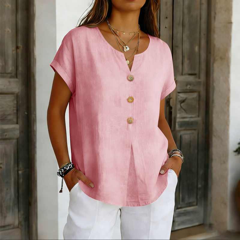 Iridelle - T-shirt femme col V avec boutons décoratifs