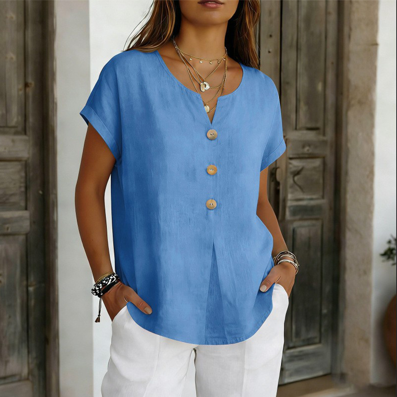 Iridelle - T-shirt femme col V avec boutons décoratifs