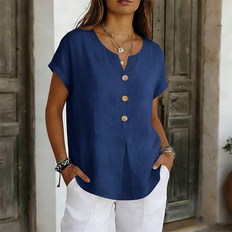 Iridelle - T-shirt femme col V avec boutons décoratifs