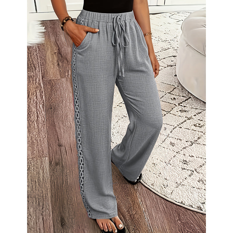 Virelle - Pantalon femme bohème droit avec dentelle latérale