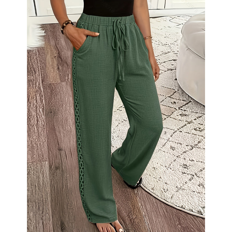 Virelle - Pantalon femme bohème droit avec dentelle latérale