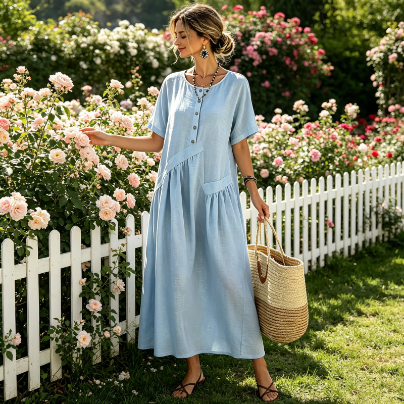 Risel - Robe maxi femme à boutons effet coton-lin