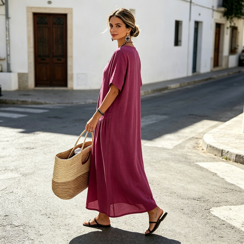 Risel - Robe maxi femme à boutons effet coton-lin