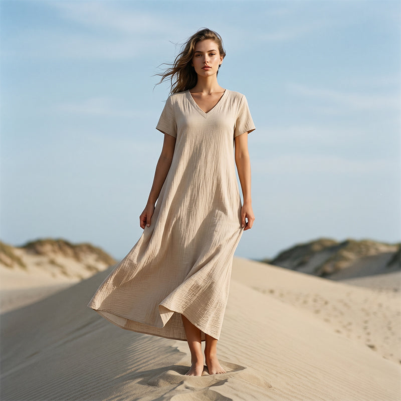Tivona - Robe maxi femme col V avec manches courtes