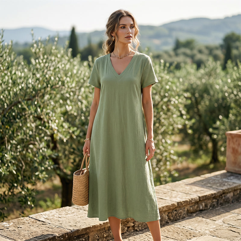 Tivona - Robe maxi femme col V avec manches courtes